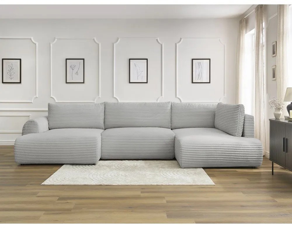 Svetlosivá menčestrová rozkladacia/s úložným priestorom rohová pohovka (pravý roh/do tvaru "U") Lucien – Bobochic Paris