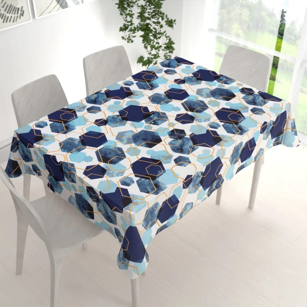 Biante Bavlnený obdĺžnikový obrus Sandra SA-574 Modré hexagóny na bielom 50x100 cm