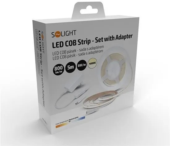 SOLIGHT COB LED pásik, sada s adaptérom, vypínač, 5m, 8W/m, 800lm/m, studená biela
