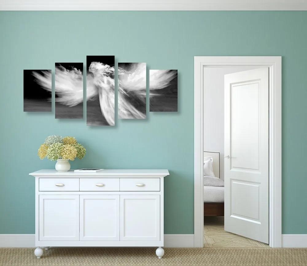 5-dielny obraz podoba anjela v oblakoch v čiernobielom prevedení - 200x100