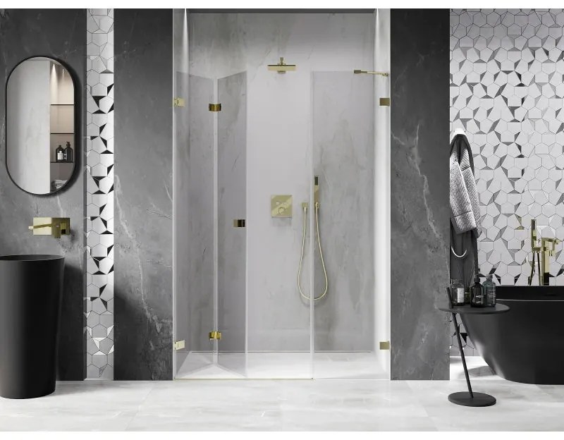 Mexen Lunar-F, skladacie ľavé sprchové dvere 130 cm, číre sklo, zlatý profil, 836S-130-050-50-00-L