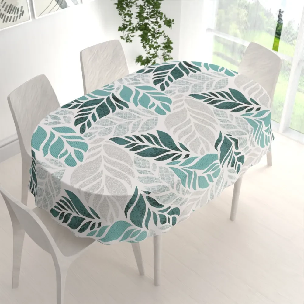 Biante Bavlnený oválny obrus Sandra SA-572 Sivo-modrozelené abstraktné listy na bielom 120x180 cm