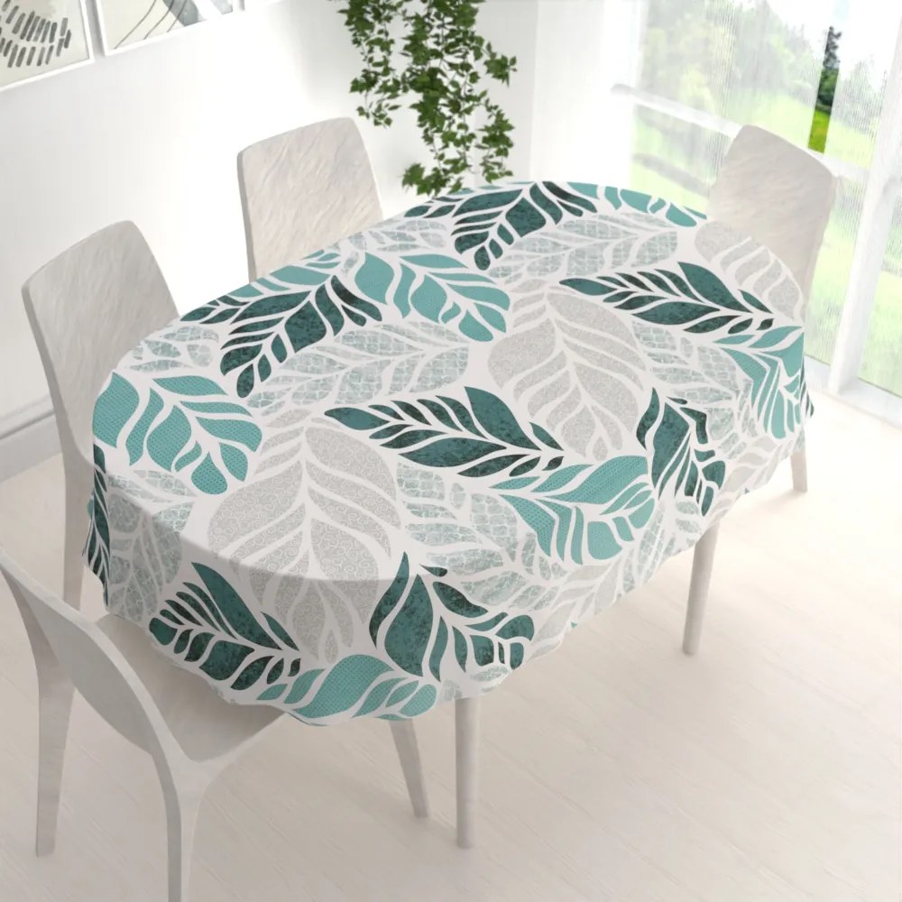 Biante Bavlnený oválny obrus Sandra SA-572 Sivo-modrozelené abstraktné listy na bielom 50x100 cm