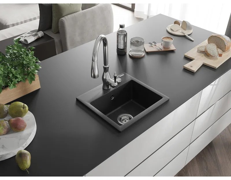 Mexen Milo, 1-komorový granitový drez 435x410x171 mm a drezová batéria Savita, čierna, 6505-77-672601-00