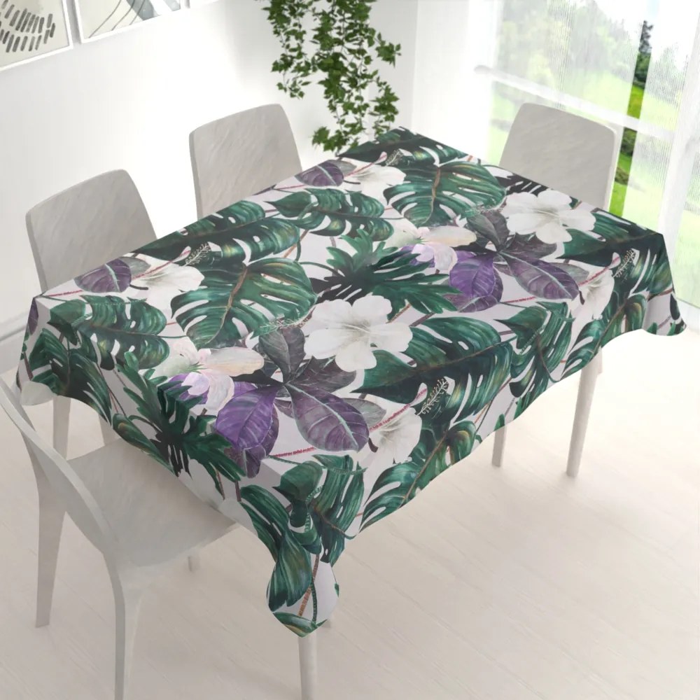 Biante Dekoračný obdĺžnikový obrus Leona LN-146 Tropické listy s kvetmi na režnom 120x200 cm