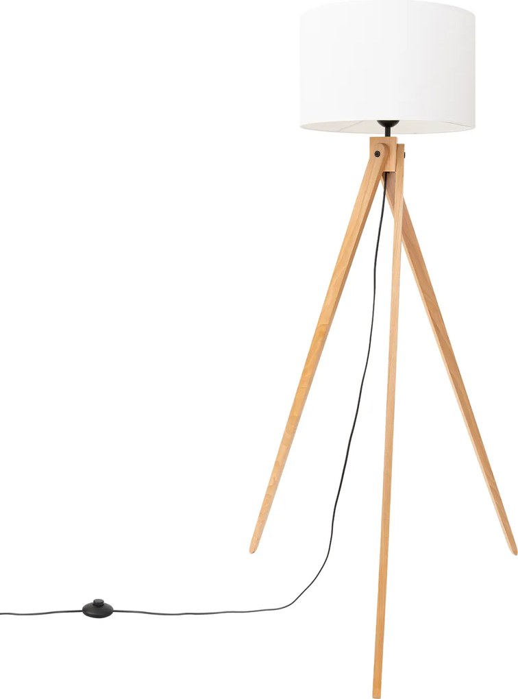Stojacia lampa Natt, 1x biele textilné tienidlo, drevo