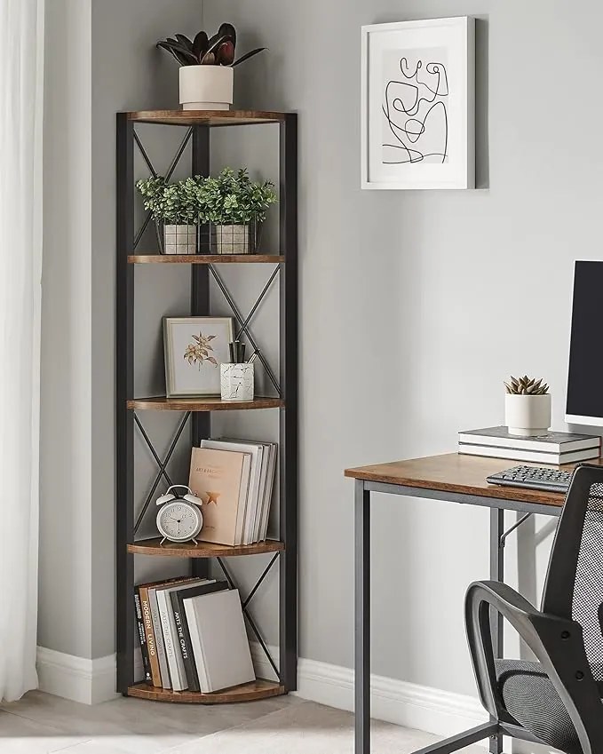 5-poschodová rohová polica 160x30x30 cm v hnedej a čiernej farbe