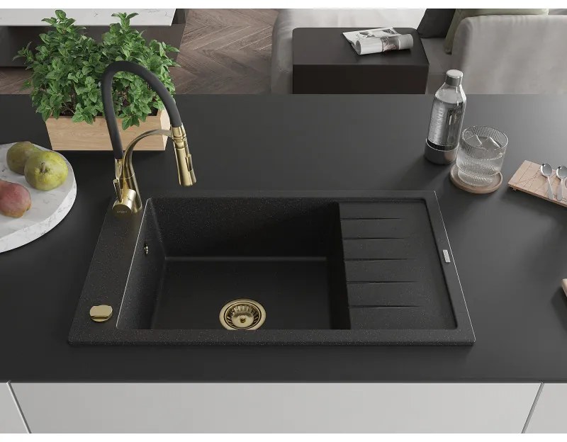 Mexen Elias, 1-komorový granitový drez 795x480x200 mm a drezová batéria Aster, čierna-strieborná metalíza, 6511-73-73450-57-G