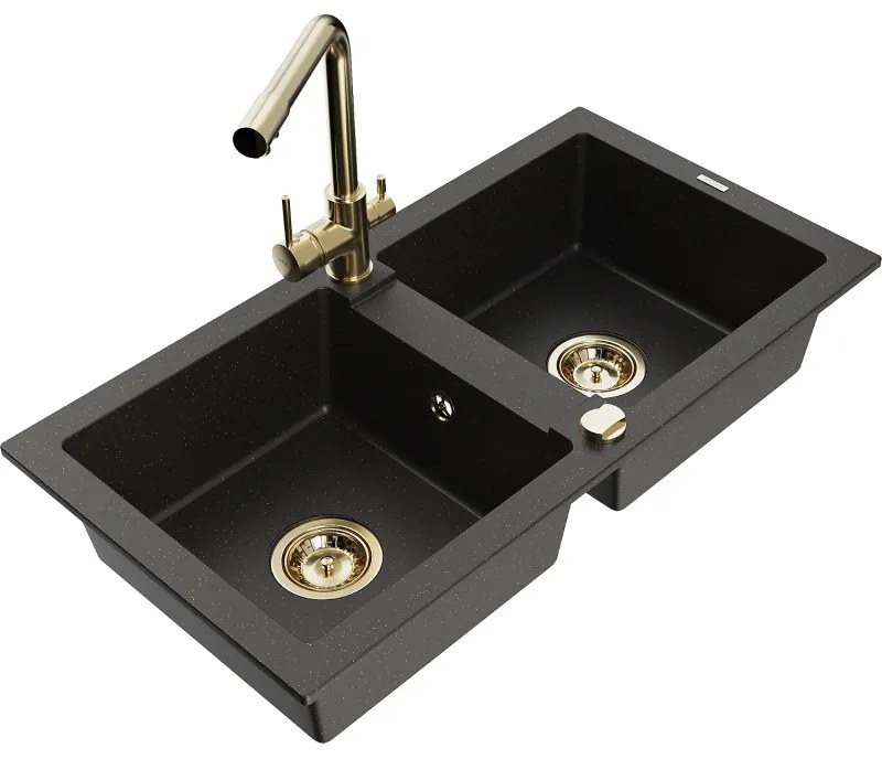 Mexen Mario, 2-komorový granitový drez 820x436x161 mm a chrómová drezová batéria Duero, čierna-zlatá metalíza, 6504-75-671600-50