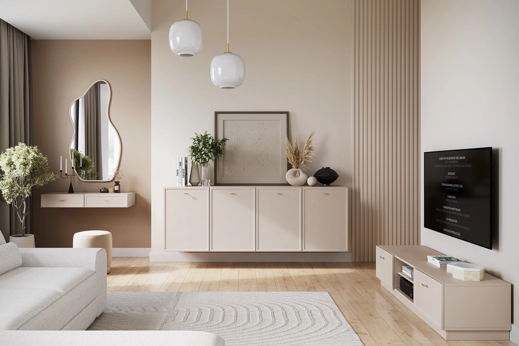 TV stolík Lorini 150 cm na sokli – kašmírová / zlaté úchytky T