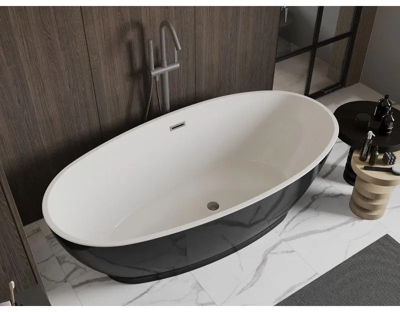 Mexen Bilbao, voľne stojaca vaňa 180 x 90 cm, biela-čierna, brúsený grafit prepad, 51311809075-95