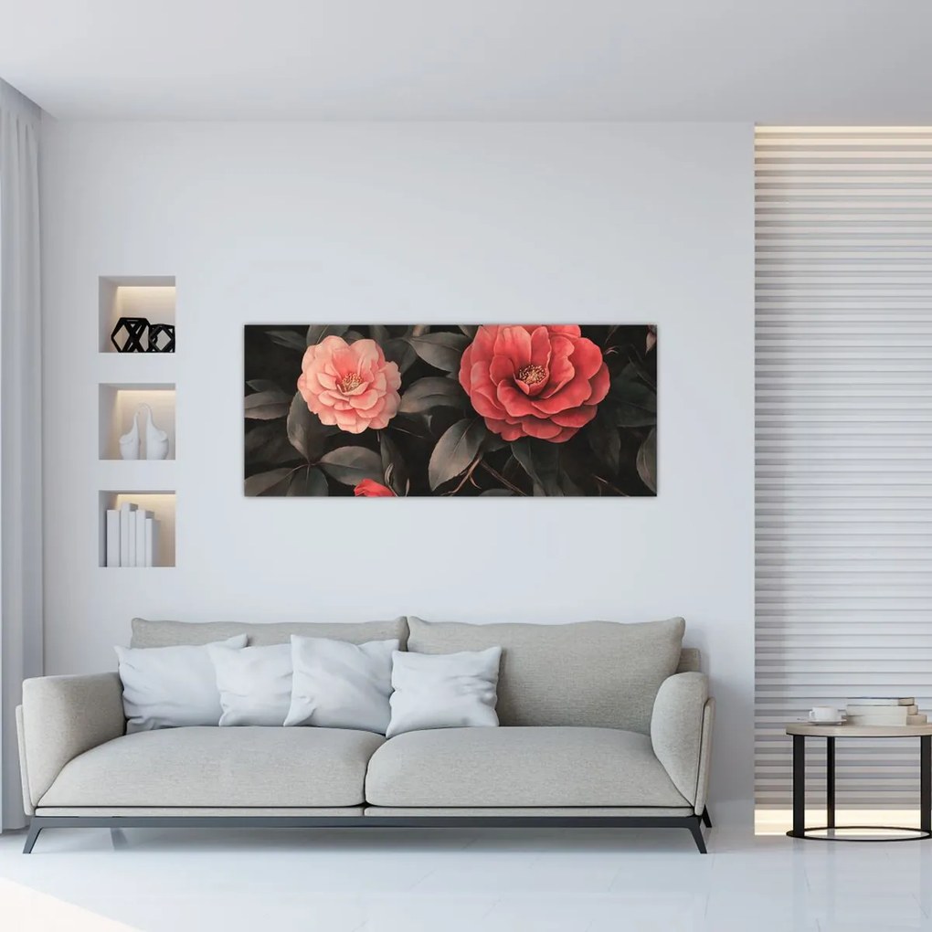 Obraz - Červené kvety na tmavom pozadí (120x50 cm)