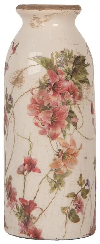 Béžová antik keramická váza s kvetmi Ľalia - Ø 8*20 cm