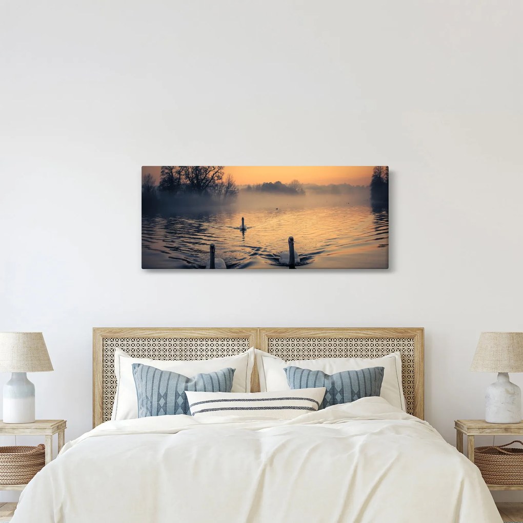 Obraz labutí na vode v hmle (120x50 cm)