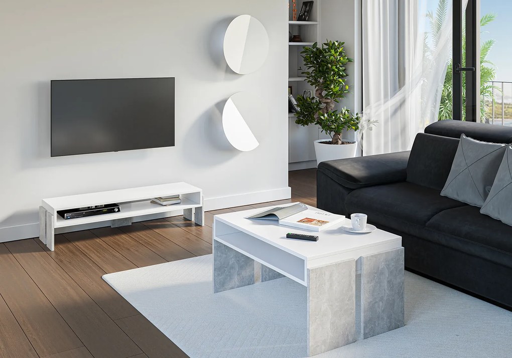 TV stolík Ramea (biela + kameň). Akcia -20%. Vlastná spoľahlivá doprava až k Vám domov. 1055245