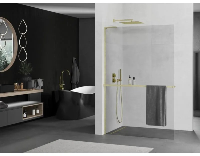 Mexen Kioto+ L, sprchová zástena Walk-In s poličkou a vešiakom 110 x 200 cm, 8mm číre sklo, zlatý matný profil, 800-110-123-55-00