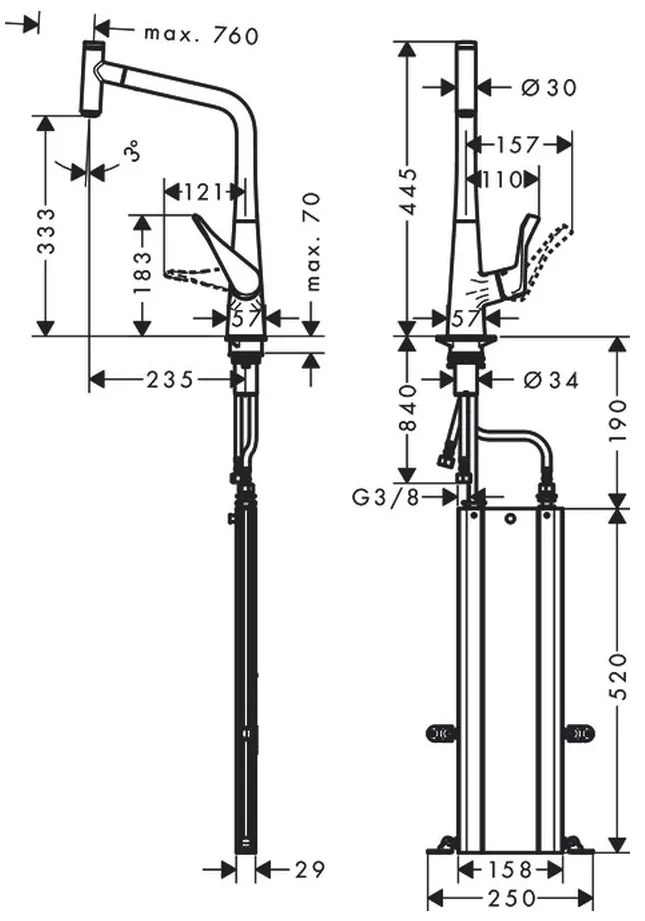 Hansgrohe M71, drezová batéria Metris Select s výsuvnou koncovkou, sBox, EcoSmart, chrómová, HAN-73807000