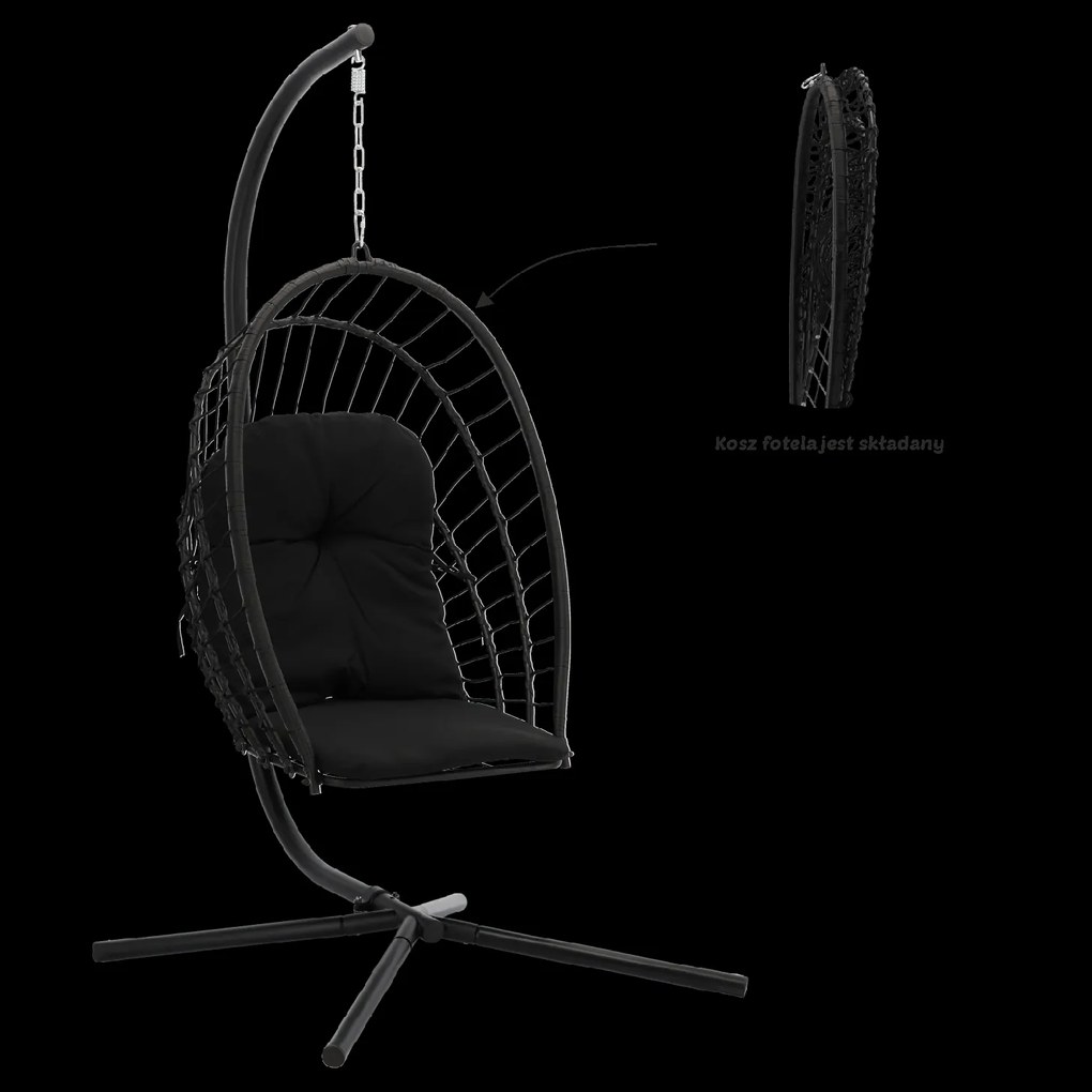 CH ERIS ČIERNA SKLADACIA ZÁVESNÁ STOLIČKA, VANKÚŠ – ČIERNY, RÁM – ČIERNY