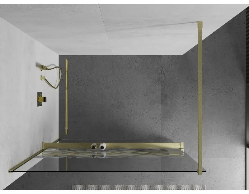 Mexen Kioto+, sprchová zástena Walk-In s poličkou a vešiakom 130 x 200 cm, 8mm číre sklo biely vzor, zlatý matný profil, 800-130-121-55-85