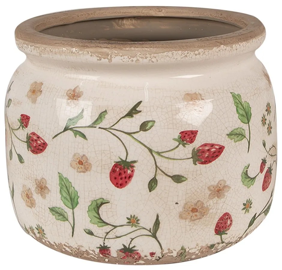 Béžový keramický obal na kvetináč s jahôdkami Wild Strawberries L - Ø 20*15 cm