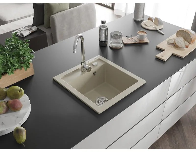 Mexen Vito, 1-komorový granitový drez 520x490x210 mm, chrómová batéria Telma, béžová, 6503-69-670200-00