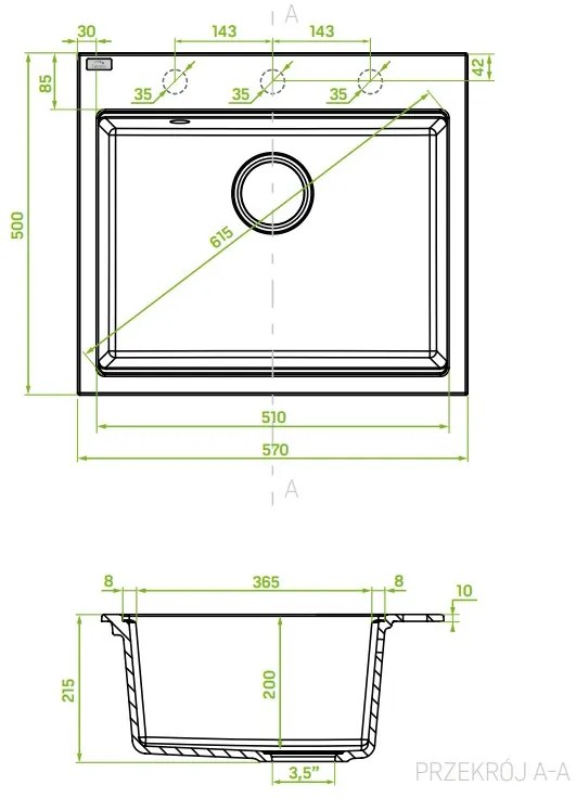 Laveo Tau, 1-komorový granitový drez 570x500x215 mm, šedá, LAV-SBT_510Y
