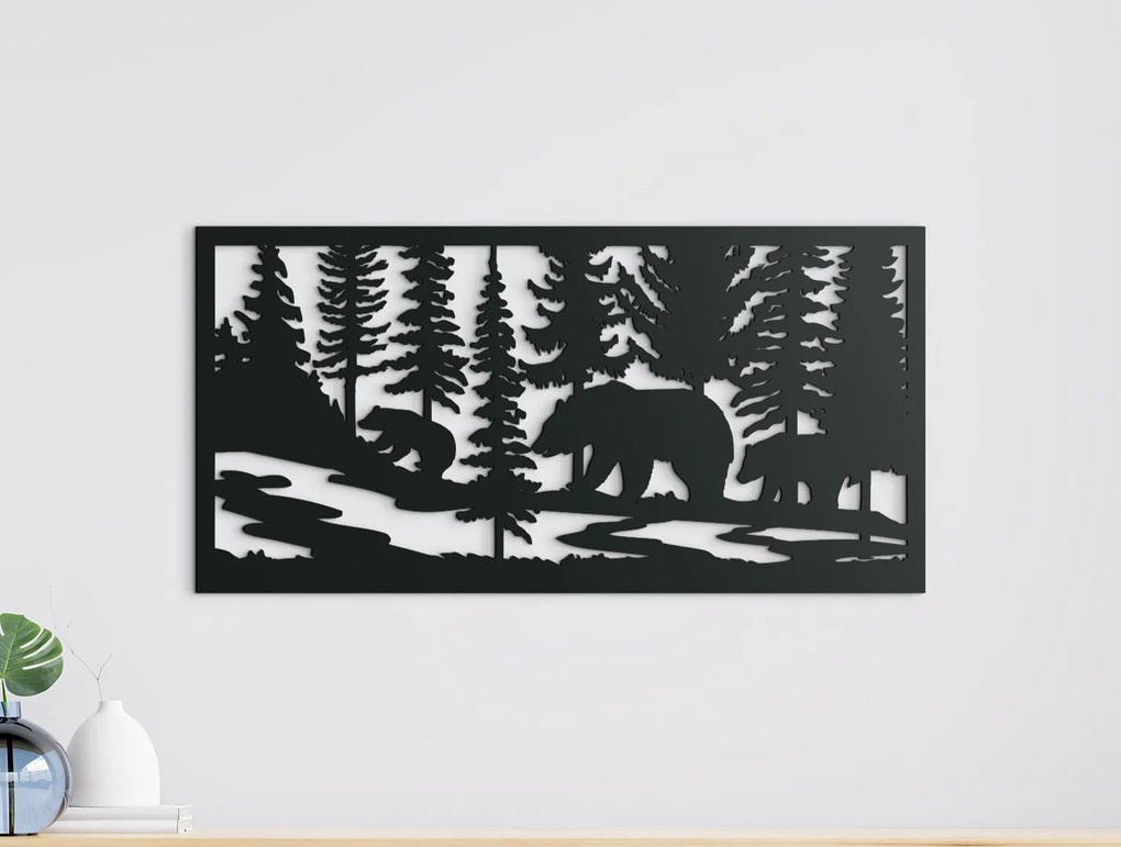 drevko Drevený obraz Medvede v lese Rozmer obrazu: 22 x 44,5 cm, Farba dekorácie: Čierna
