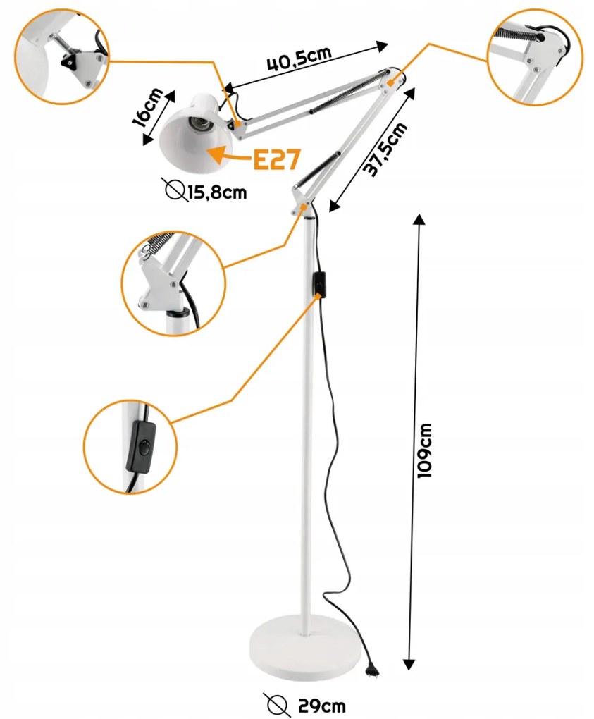BERGE LED stojacia lampa 1xE27 185cm biela