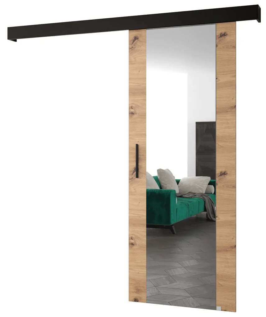 Posuvné dvere 90 cm Sharlene II (dub artisan + čierna matná + čierna) (so zrkadlom). Akcia -6%. Vlastná spoľahlivá doprava až k Vám domov. 1043630