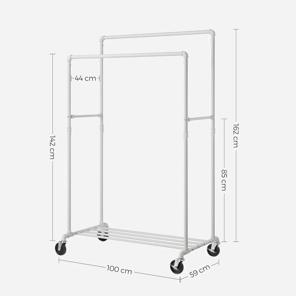 Stojan na šaty s kolieskami, dvojitými tyčami, kovový, biely