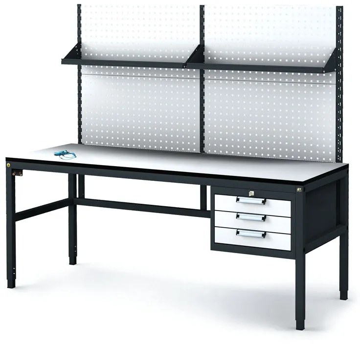 Antistatický dielenský ESD stôl s perfopanelom a policami, 3 zásuvkový box na náradie, 1800x800x745-985 mm