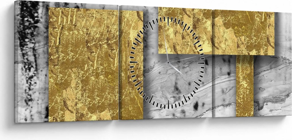 Obraz - Zlaté štvorce N⁰3 (s hodinami) (90x30 cm)