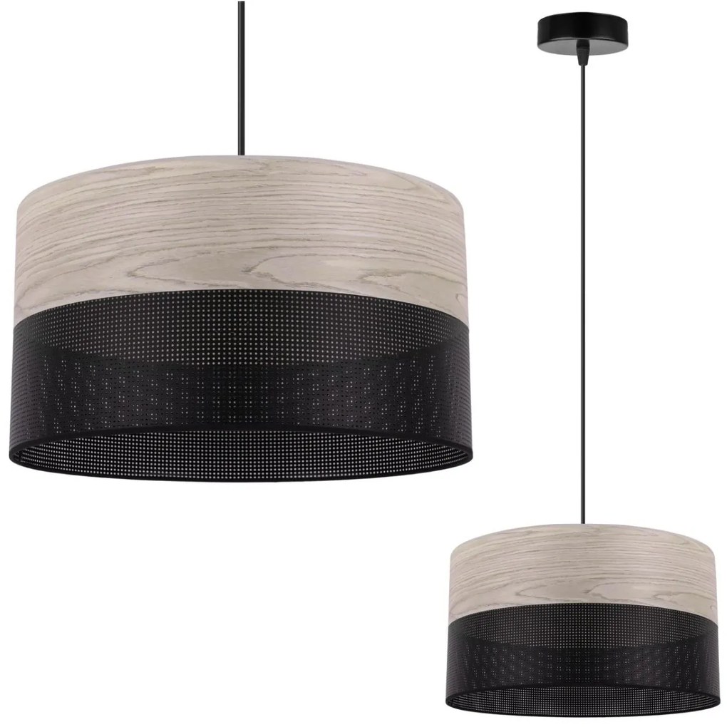 Závesné svietidlo Wood, 1x svetlobéžová dubová dýha/čierne PVC tienidlo, (fi 30cm)