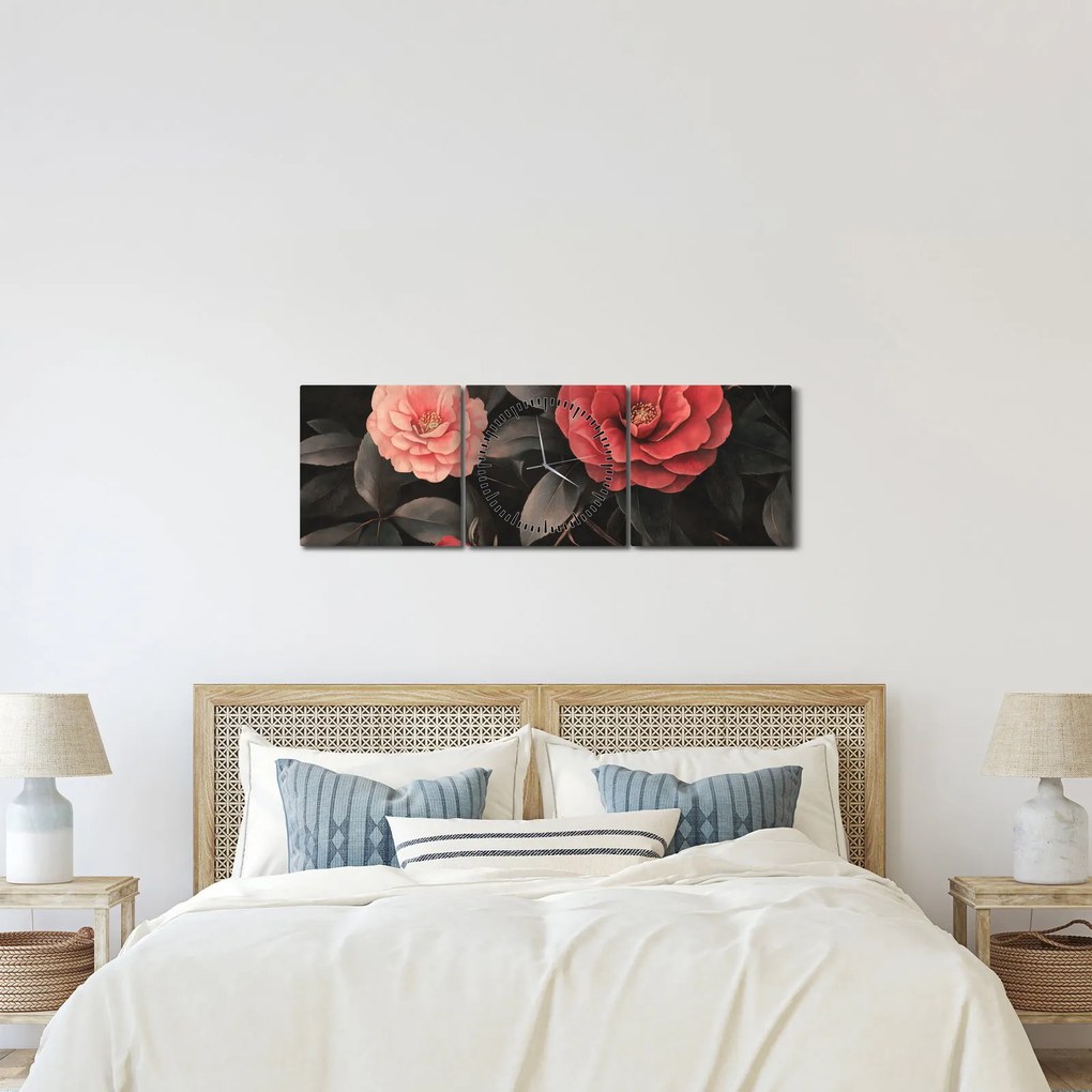 Obraz - Červené kvety na tmavom pozadí (s hodinami) (90x30 cm)