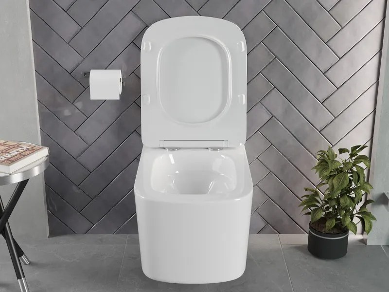 Mexen Vivo, závesná WC misa 555x370x335 mm, Rimless Tornádo + WC sedadlo z duroplastu, biela lesklá, 30610200T