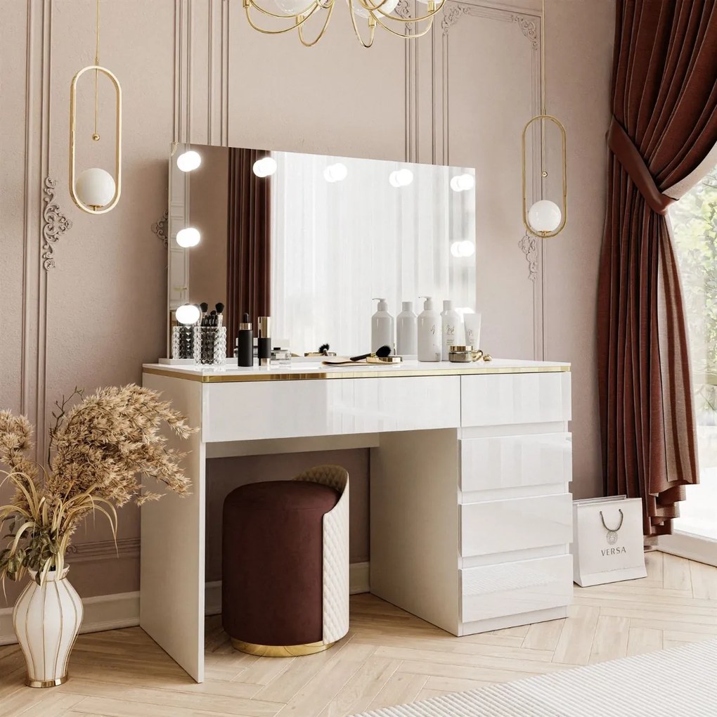 TOALETNÝ STOLÍK NESSIE ELITE 2 BIELY LESK + ZLATÝ