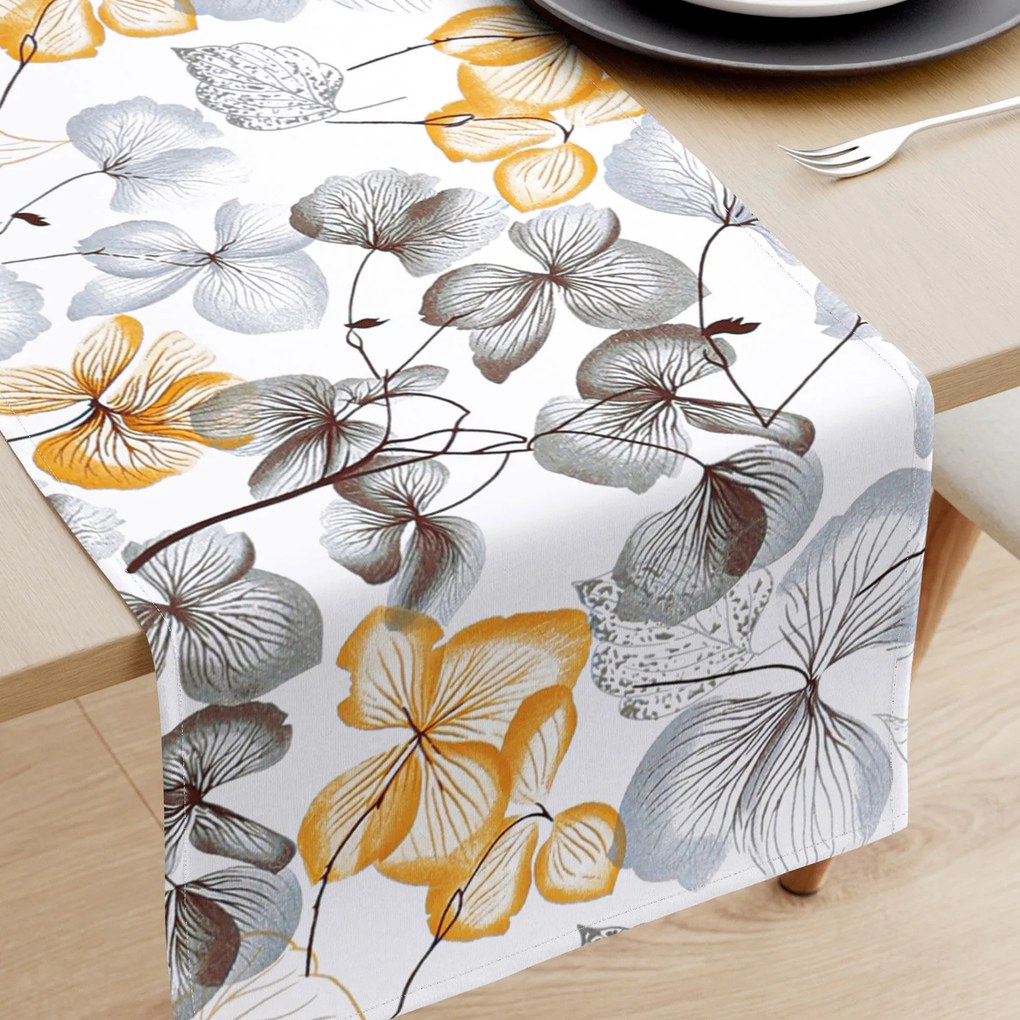 Goldea behúň na stôl 100% bavlnené plátno - sivo-hnedé kvety s listami 35x160 cm