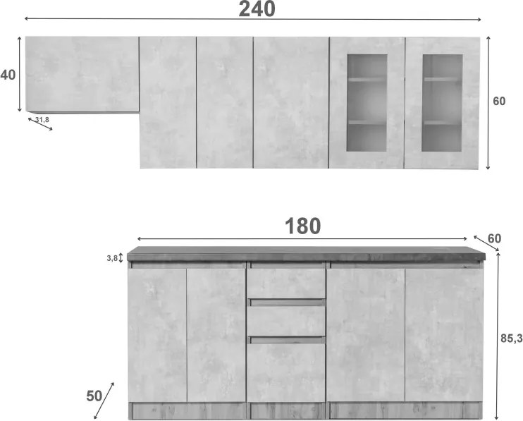 Kuchynská linka Nela II -  180/240, dub wotan / metropolis