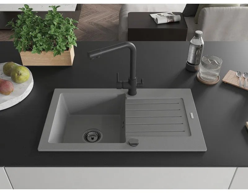 Mexen Pablo, granitový drez 752x436x161 mm, 1-komorový a šedá batéria Duero, šedá, 6510-71-671600-70-B