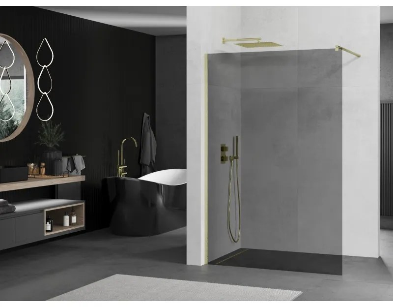 Mexen Kioto, sprchová zástena Walk-In 80 x 200 cm, 8mm šedé sklo, zlatý matný profil, 800-080-101-55-40