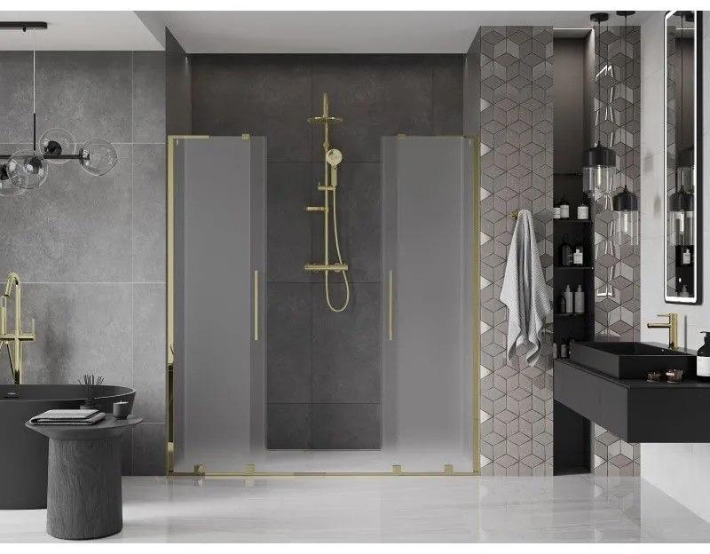 Mexen Velar L Duo, posuvné sprchové dvere do otvoru 180 cm, 8mm sklo námraza, zlatá lesklá, 871-180-003-32-50
