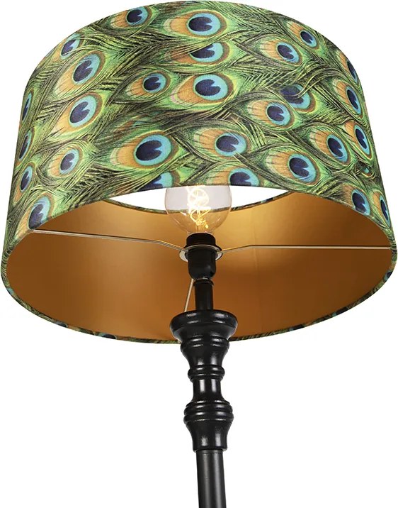 Stojaca lampa čierna s tienidlom z zamatu Peacock Gold 50 cm - Classico