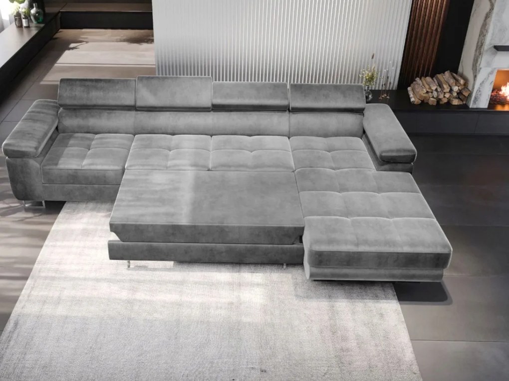 Veľká rohová pohovka s funkciou spánku 350 x 203 opierky hlavy kontajner Comfort O-sofa