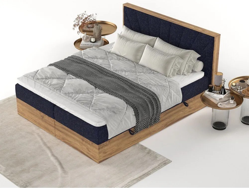 Boxspring posteľ s úložným priestorom v tmavomodro-prírodnej farbe 140x200 cm Asahi – Maison de Rêve