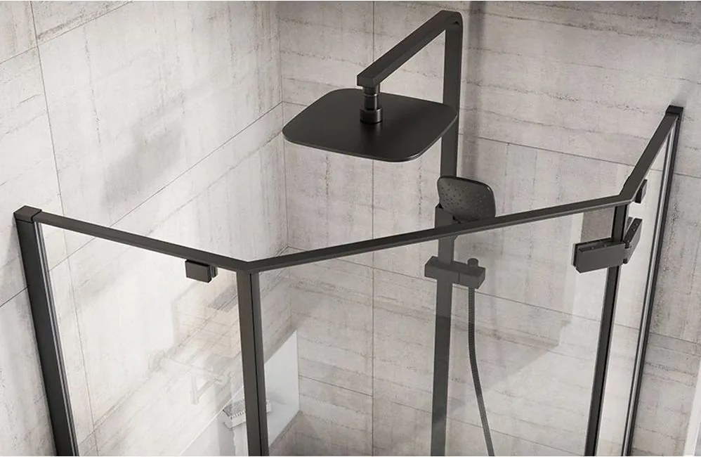 Päťuholníkový sprchovací kút REA DIAMOND 90x90 cm, čierny matný/transparent + vanička Diamond biela