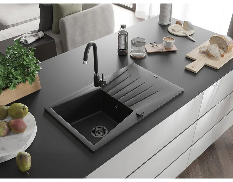 Mexen Cesar, granitový drez 775x470x190 mm, 1-komorový, čierna-strieborná metalíza s čiernym sifónom a čierna drezová batéria Telma, 6514-73-670200-70-B