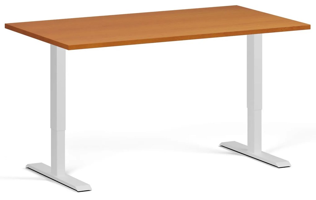 Výškovo nastaviteľný stôl, 140x80 cm, 1 motor, biela podnož, čerešňa