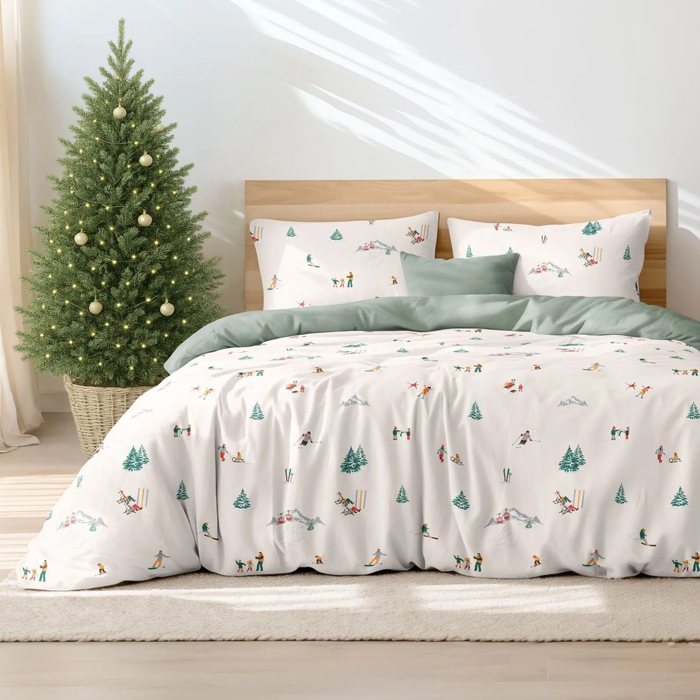 Goldea vianočné bavlnené posteľné obliečky duo - zimné radovánky so šalviovo zelenou 140 x 220 a 70 x 90 cm