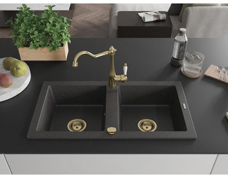 Mexen Mario, granitový drez 820x436x161 mm, 2-komorový a drezová batéria Carla, čierna škvrnitá, 6504-76-670700-50
