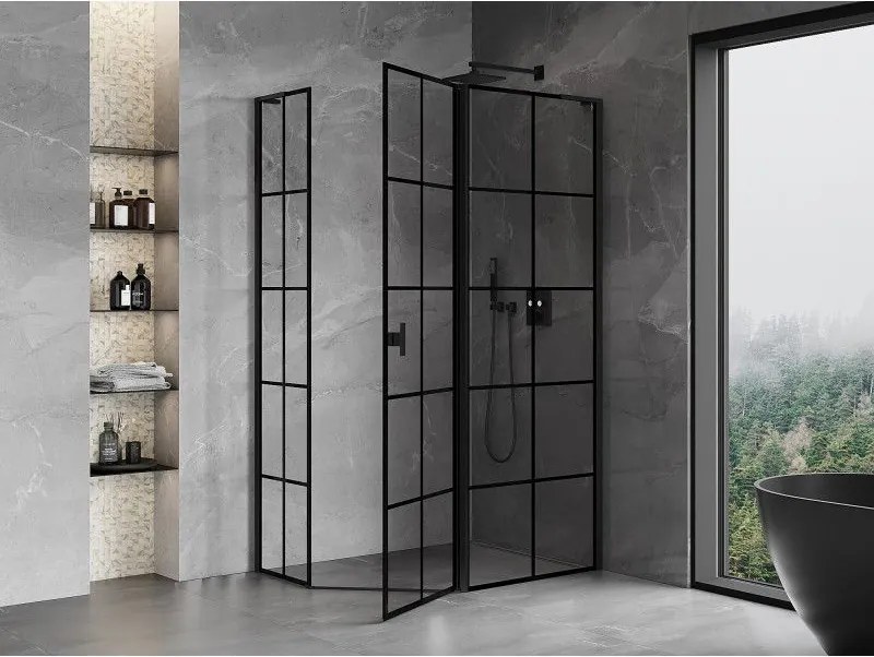 Mexen Mist L, päťuholníkový sprchový kút s krídlovými dverami, 90 x 80 cm, 8mm číre sklo, čierny profil, 8A8L-090-080-70-77-P